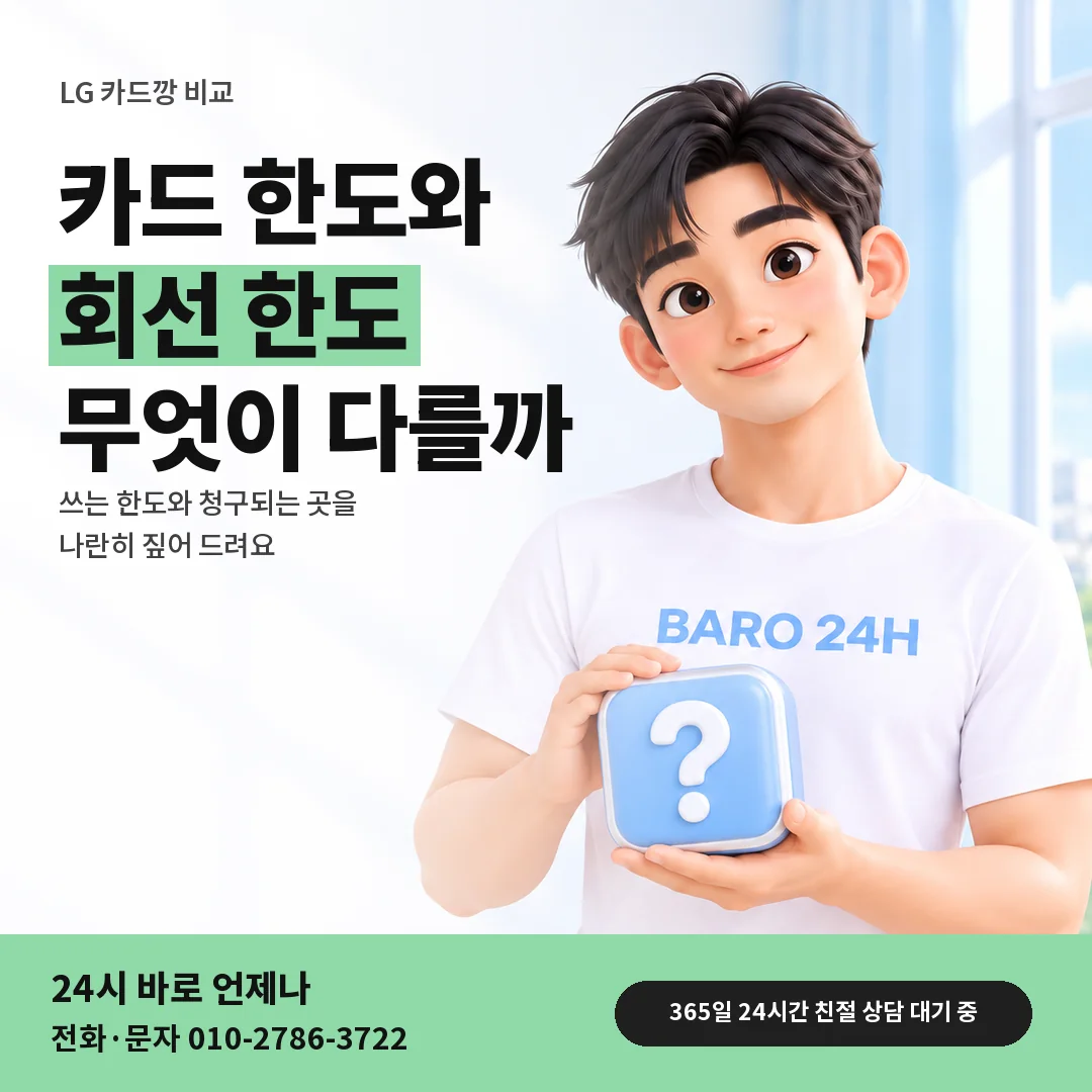물음표 상자를 든 BARO 24H 티셔츠를 입은 3D 인물 옆에 「LG 카드깡과 휴대폰 결제 차이」 제목을 얹은 안내 카드